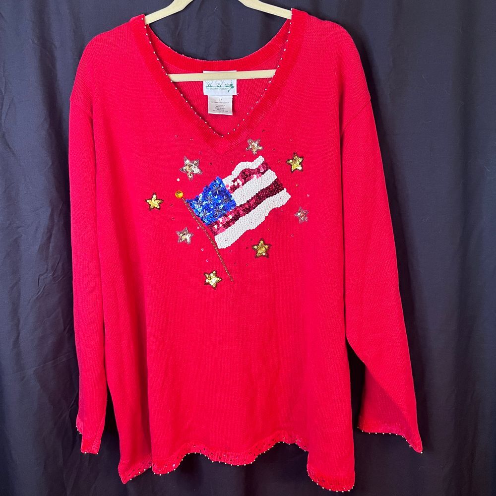 The Quacker Factory American Flag Sweater‎ Red Sequins L/S Cotton Blend Sz 3x